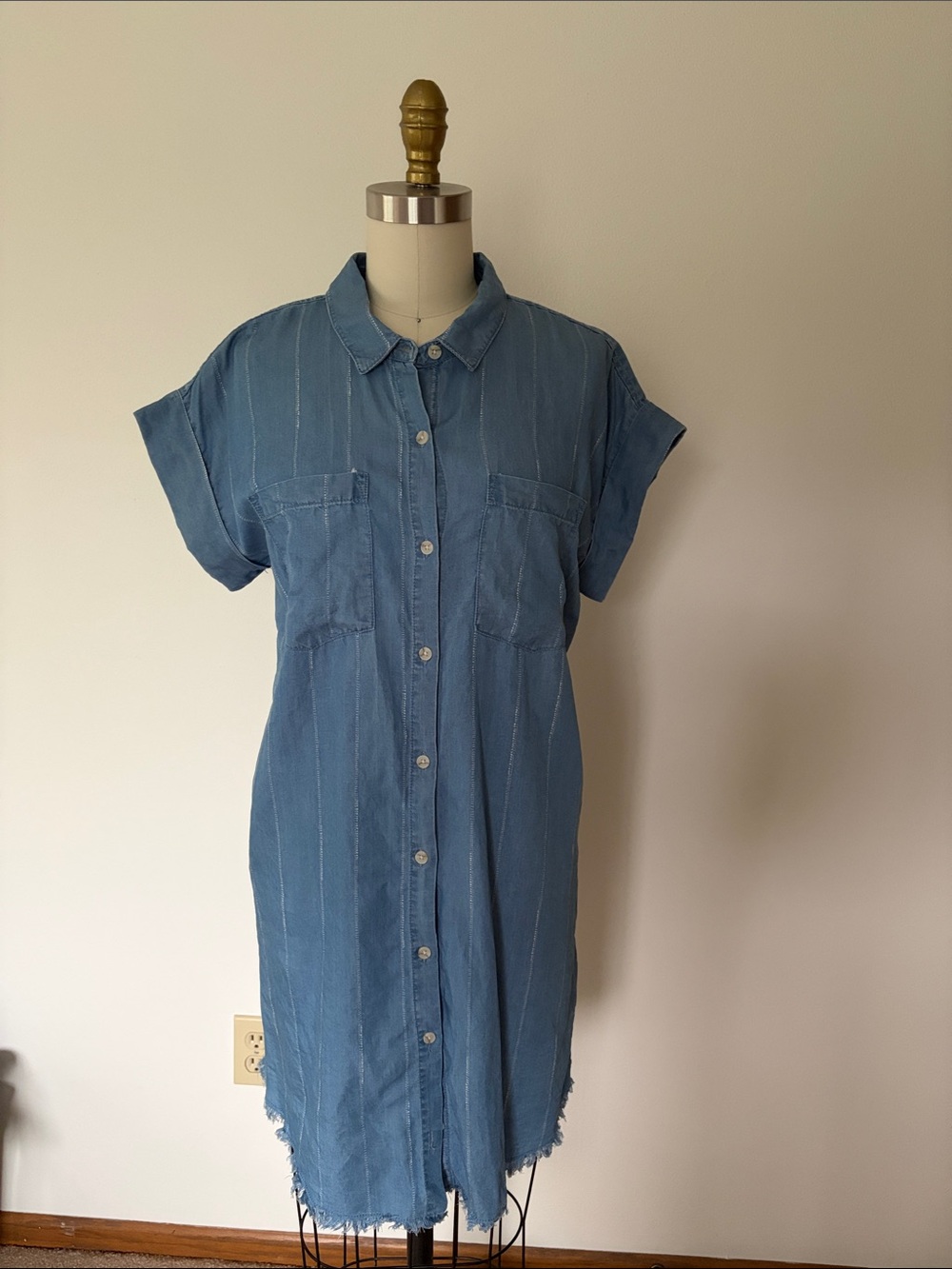 Casual Blue Striped Chambray Button-Front Shirt Dress